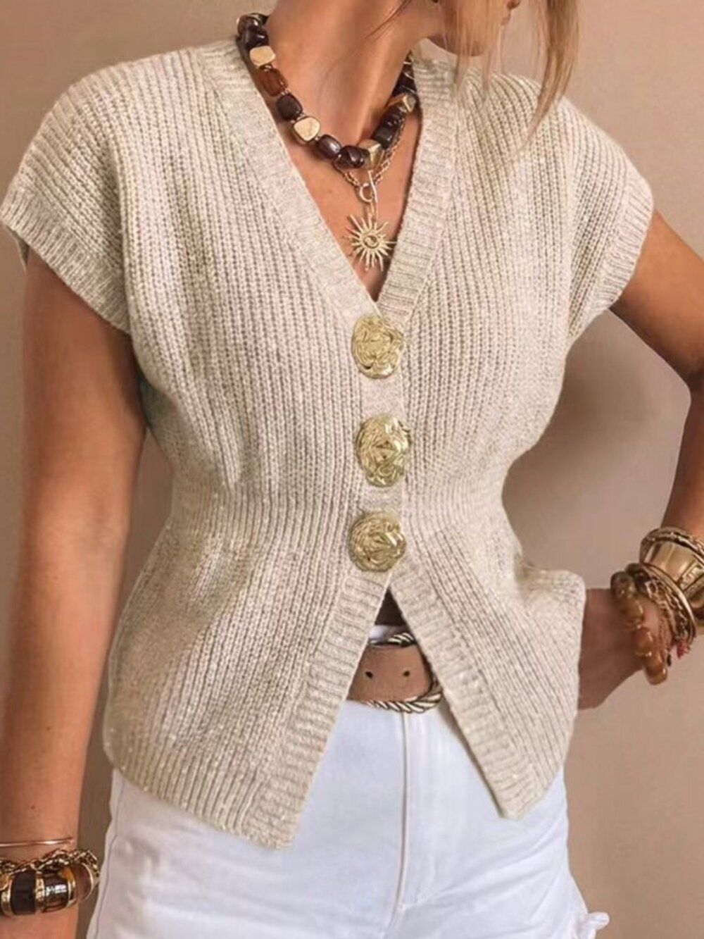 Apricot Casual Women's V-Neck Short Sleeve Button Shirt - Picture 3 of 7